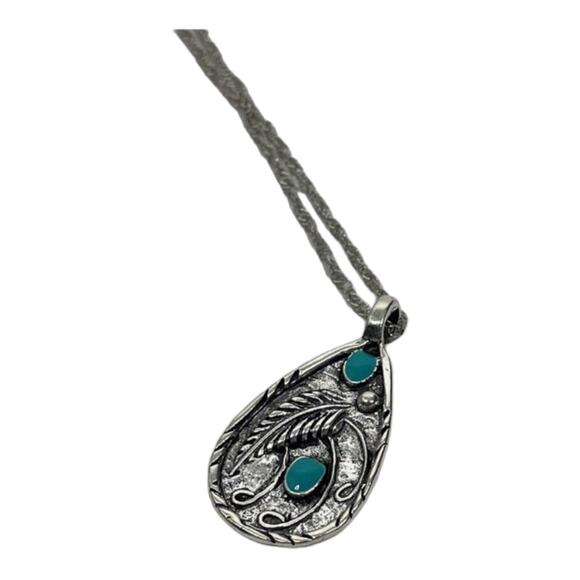 Bohemian Timeless Teardrop Leaf Turquoise Silver Feather Chain Pendant Necklace - Picture 5 of 15